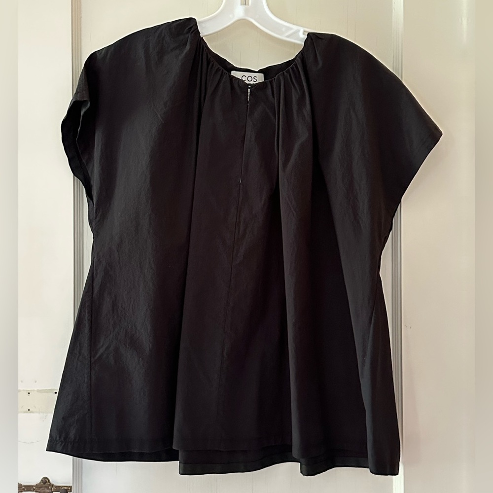COS Black SS Blouse, Rouched Neck with Button Closure